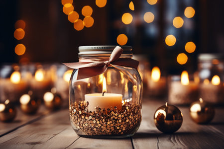 Close-up of a candle in a jar on a table at Christmas , Generative AIの素材