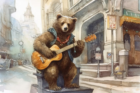 bear with guitar, watercolor, illustration
, watercolor style, Generative AIの素材