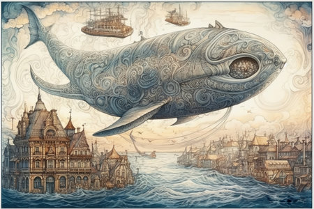 Whale flying over the city, illustration, watercolor style, Generative AIの素材