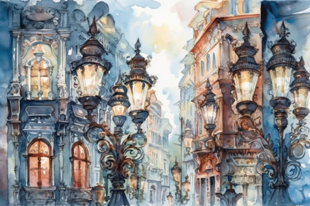 evening city and beautiful old lanterns on the street, illustration
, watercolor style, Generative AIの素材
