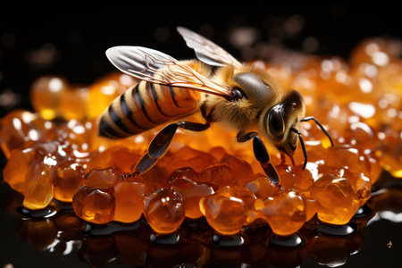 honey in honeycombs and bees on a black background, Generative AIの素材