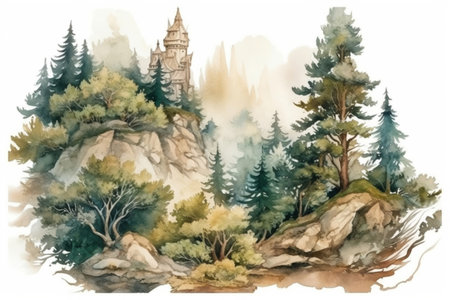 landscape with pine trees with rocks and stones, Karelia
, watercolor style, Generative AIの素材