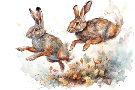 two bunnies jumping on a white background
, watercolor style, Generative AIの素材