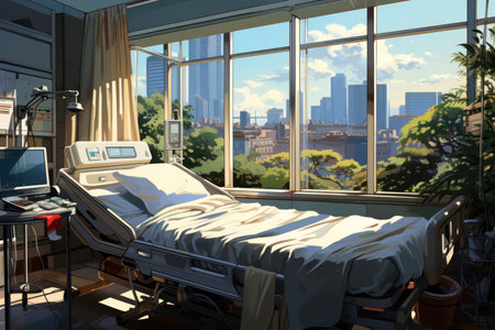 hospital bed by the spacious window,
Generative AIの素材