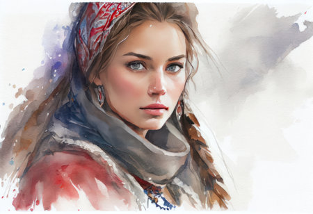 portrait of a woman in a headscarf, Russian style, watercolor. ,
Generative AIの素材