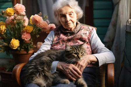 Elderly woman with a cat in the garden on a summer day,
  Generative AIの素材