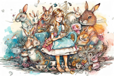 Alice in Wonderland, watercolor painting , Generative AIの素材