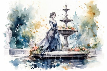 girl in a dress near a fountain and flowers, spring, watercolor, illustration
, watercolor style, Generative AIの素材