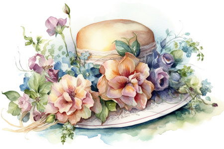Women's summer hat and flowers, watercolor painting , Generative AIの素材