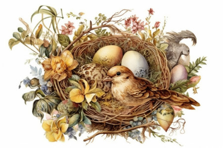 bird, nest, eggs and flowers, watercolor,
, watercolor style, Generative AIの素材