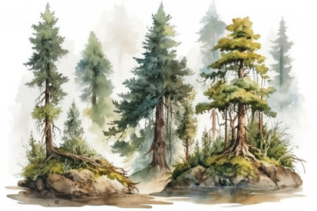 landscape with pine trees with rocks and stones, Karelia
, watercolor style, Generative AIの素材