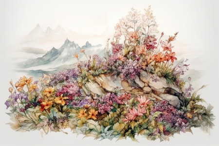 blooming mountains in spring, illustration
, watercolor style, Generative AIの素材