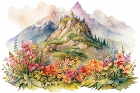 blooming mountains in spring, illustration
, watercolor style, Generative AIの素材