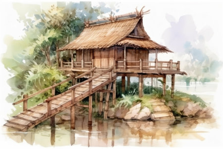 Landscape painting, ancient style, scroll, bamboo grove, wooden bridge, ancient architecture, upturned eaves, tranquility, pastoral scenery,
, watercolor style, Generative AIの素材