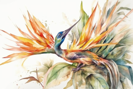 bird of paradise on a white background, illustration
, watercolor style, Generative AIの素材