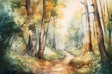 path through the forest in summer, watercolor, illustration
, watercolor style, Generative AIの素材