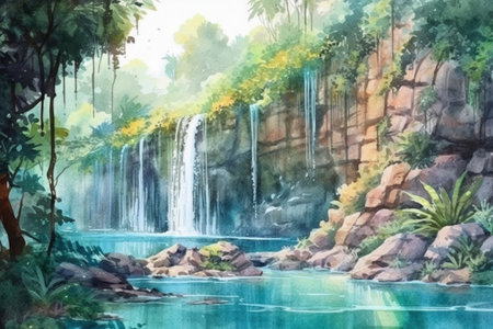 Idealistic tropical landscape with a waterfall in the forest and a lake with turquoise water, watercolor painting , Generative AIの素材