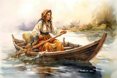 Fisherwoman in a boat t at sea, illustration, watercolor style, Generative AIの素材