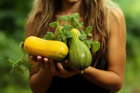 Woman holding raw zucchini in her hands outdoors,
  Generative AIの素材