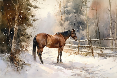 brown horse in winter field
  watercolor style, Generative AIの素材