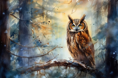 owl on a branch in the forest
, watercolor style, Generative AIの素材