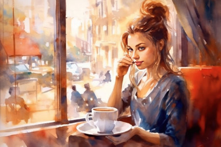 girl drinking coffee in the coffee shop watercolor
, watercolor style, Generative AIの素材