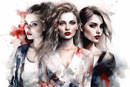 Three women - white, black, scarlet on a white background watercolor style, Generative AIの素材