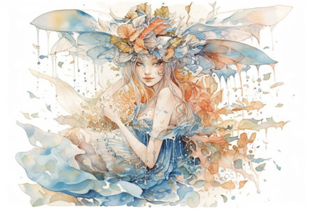 princess under an umbrella, rain fairy on a white background
, watercolor style, Generative AIの素材