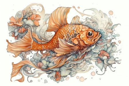 goldfish in Russian style with a very long tail on a light background
, watercolor style, Generative AIの素材