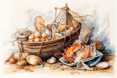 marine still life with shells and seafood All empty nets. on a white background, watercolor style, Generative AIの素材