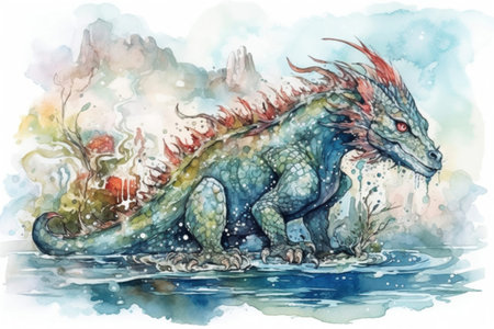 water dragon splashes in the water against the backdrop of the sea and mountains, illustration
, watercolor style, Generative AIの素材