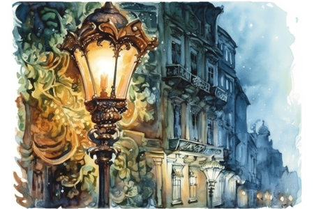 evening city and beautiful old lanterns on the street, illustration
, watercolor style, Generative AIの素材