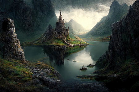 fantasy celtic medieval dungeons mountain scenery with lake
,  Generative AIの素材