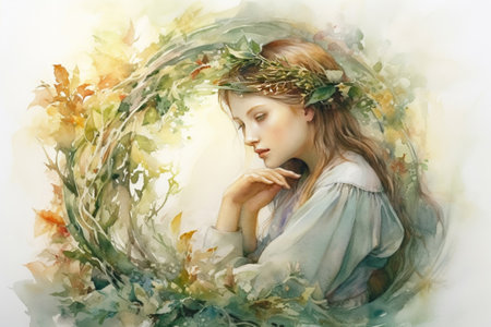 girl portrait surrounded by a wreath of flowers, frame, illustration
, watercolor style, Generative AIの素材
