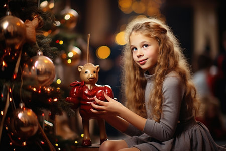 girl child decorates the Christmas tree.,
  Generative AIの素材