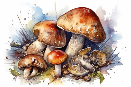 mushrooms in the forest, watercolor, illustration
, watercolor style, Generative AIの素材