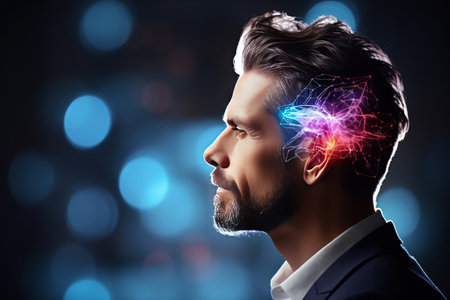 Close up portrait of a man from the side in profile during the thought process. The concept of intelligence, brain work, copy space,
    Generative AIの素材