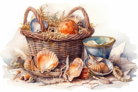 marine still life with shells and seafood All empty nets. on a white background, watercolor style, Generative AIの素材