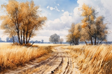sandy road through an autumn field and trees along it
, watercolor style, Generative AIの素材