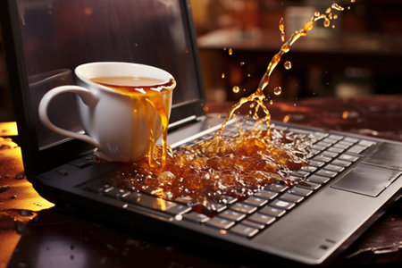 a drink spilled on a laptop from a cup, an overturned cup,
  Generative AIの素材