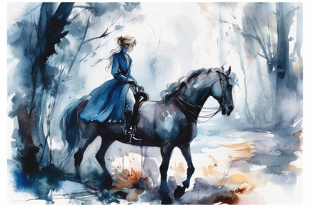 woman rider on a black horse, watercolor, illustration
, watercolor style, Generative AIの素材