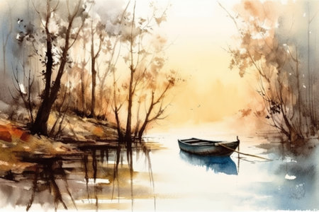 boat on the river at dawn in the morning mist
, watercolor style, Generative AIの素材