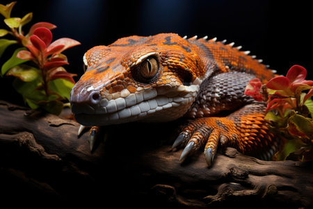lizard on a branch and a dark background from behind, close-up,
Generative AIの素材