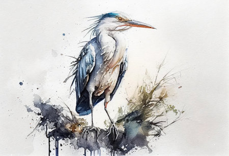 White heron in front of a white background, watercolor style, Generative AIの素材