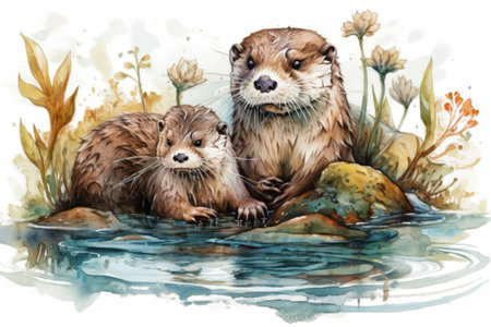 cute otter with her baby in the water
, watercolor style, Generative AIの素材