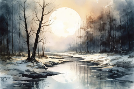 river through the forest in winter, landscape, illustration
, watercolor style, Generative AIの素材