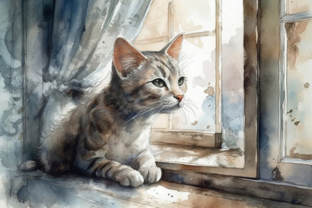 cat on the windowsill, illustration
, watercolor style, Generative AIの素材