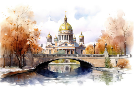 St. Isaac's Cathedral and river, St. Petersburg, watercolor, illustration
, watercolor style, Generative AIの素材