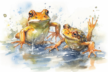 two frogs play frolic, jump on a white background
  watercolor style, Generative AIの素材