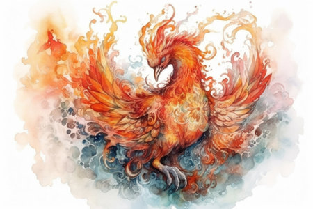 Fiery bird, on a white background, phoenix, fire prince, watercolor, watercolor style, Generative AIの素材